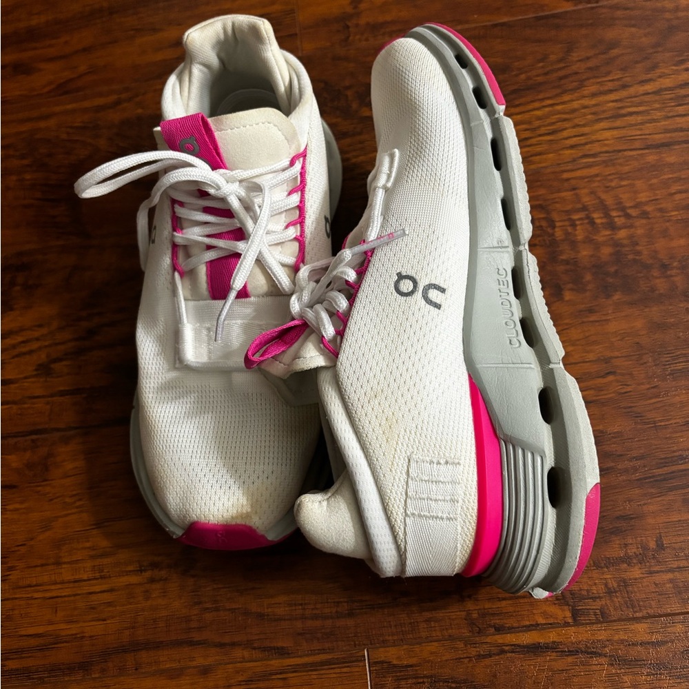 On Running White and Pink Women's Athletic Shoes